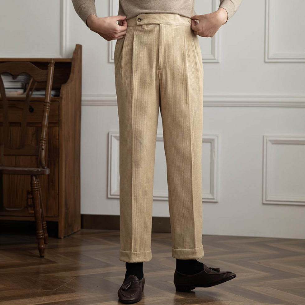 single button woolen coatrise gurkha trouser beige