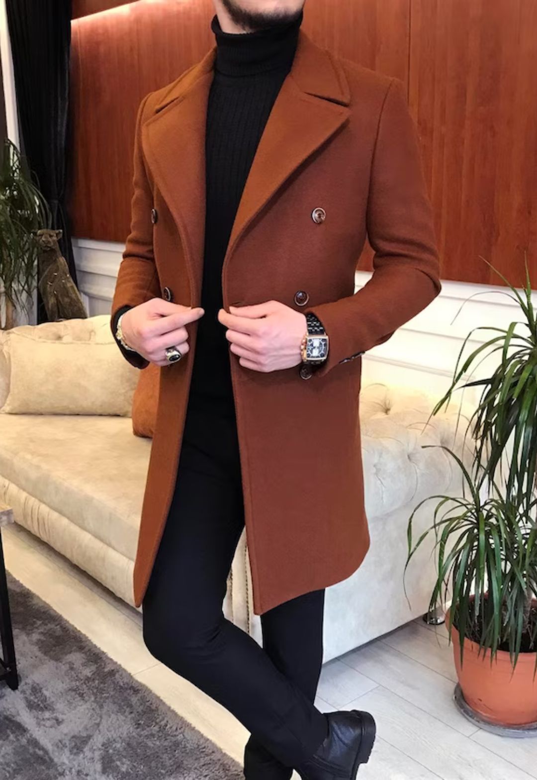 Double-Breasted Slim Fit Coat – Dark Brown