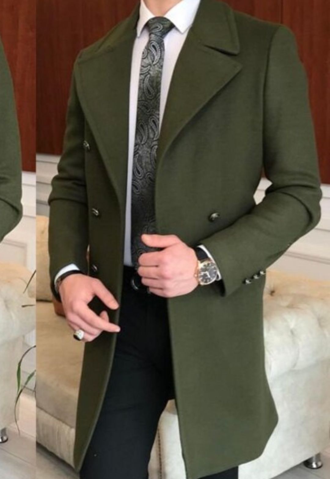 Double-Breasted Slim Fit Coat – Dark Green