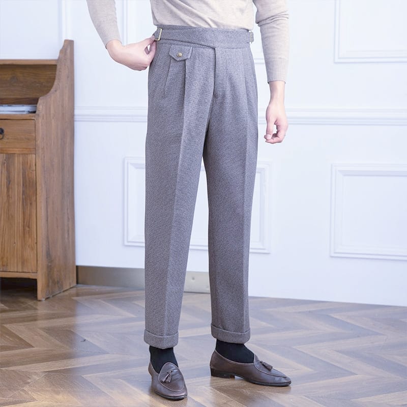 Rochester Pleated Textured Gurkha Trousers Ash Gray