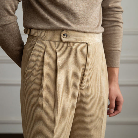 single button woolen coatrise gurkha trouser beige